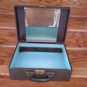 Vintage 1960s Train Case Suitcase Luggage w Mirror; Initialed "HFP" Brown & Blue